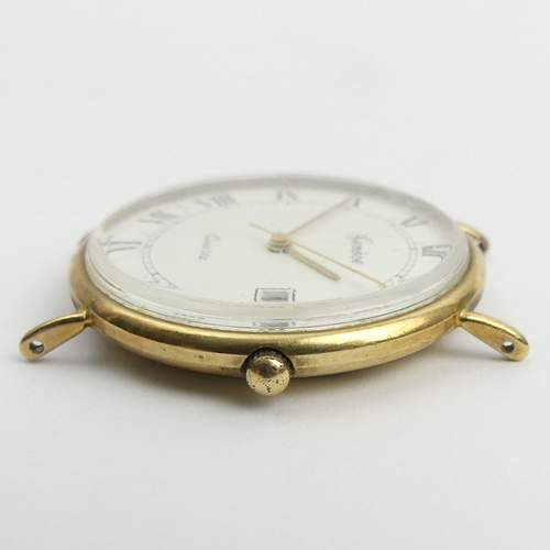 171 - A gents 9ct gold Geneve quartz date adjust watch, 12.2 grams gross. 33 mm wide. UK Postage £12.