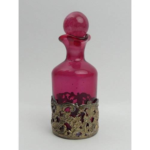 180A - Chester 1903 silver mounted cranberry glass perfume bottle. 12 cm. UK Postage £12.