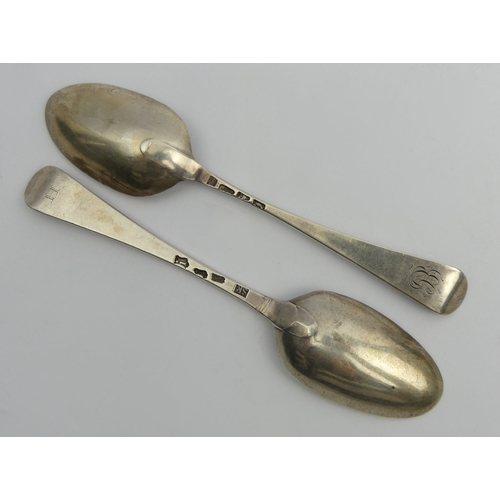 183 - Two silver table spoons, London 1744 and London 1769. 125 grams, 20.5 cm. UK Postage £12.