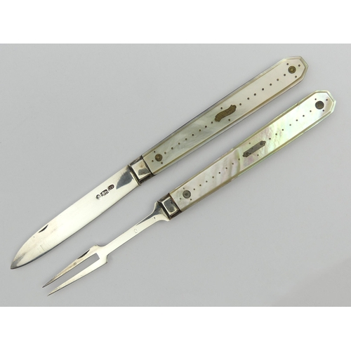 197 - Samuel Pemberton Georgian silver and abalone folding knife and fork in a fitted case. 58.5 grams. 17... 