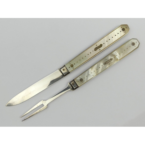 197 - Samuel Pemberton Georgian silver and abalone folding knife and fork in a fitted case. 58.5 grams. 17... 