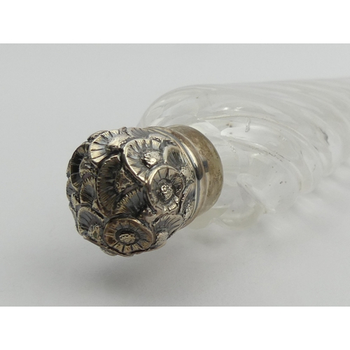 205A - Victorian silver and wrythen glass perfume bottle, Birm.1860. 21 cm. UK Postage £12.