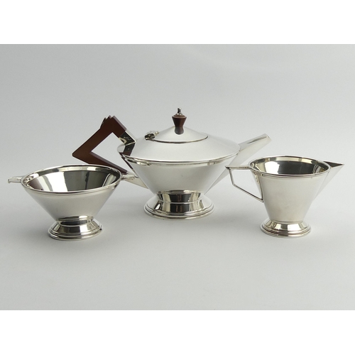 206 - Deakin and Francis Art Deco silver plate three piece teaset with a Bakelite handle and knop. Teapot ... 