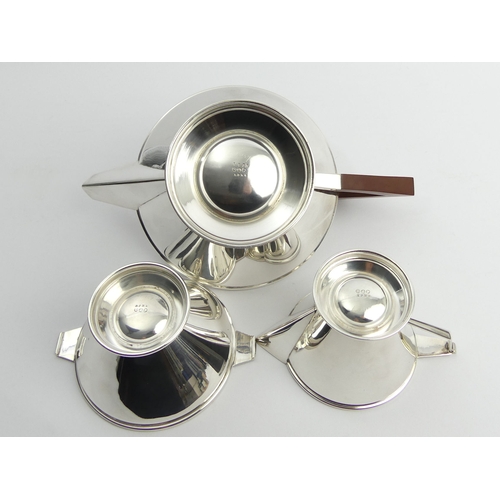 206 - Deakin and Francis Art Deco silver plate three piece teaset with a Bakelite handle and knop. Teapot ... 