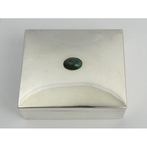 209 - Sterling silver cigarette box with cabochon stone mount. 239 grams. 10 x 8.5 x 4. UK Postage £12.