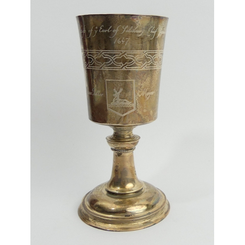 212 - Garrard & Co silver reproduction of the Hertford 1647 Elizabethan Chalice, London 1971. 194 grams. 1... 