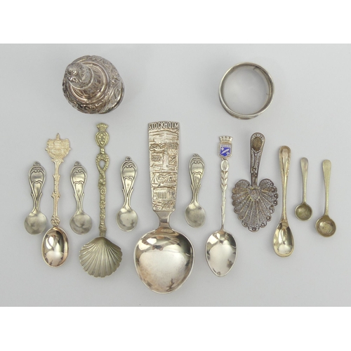 230A - Various items of silver and plate including a filigree work caddy spoon, a Victorian pepperette, Bir... 