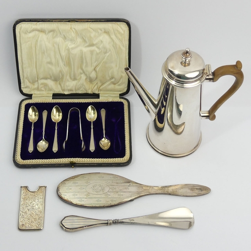 230C - Edwardian silver card case, Birm.1906, a part set of silver spoons, a plated coffee pot, silver hand... 