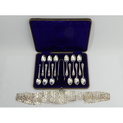 230D - A set of six silver teaspoons and tongs, Sheffield 1907, an EPNS belt and five silver plated spoons ... 