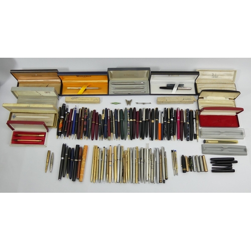 259 - A box containing a large quantity of vintage pens and boxes, including Parker and Waterman amongst m... 