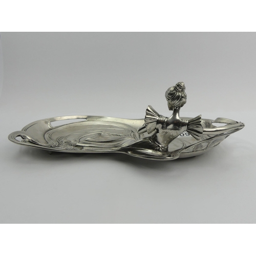 260 - An Art Nouveau design silver plated figural tray with faint marks. 33 x 19 11.5 cm. UK Postage £12.