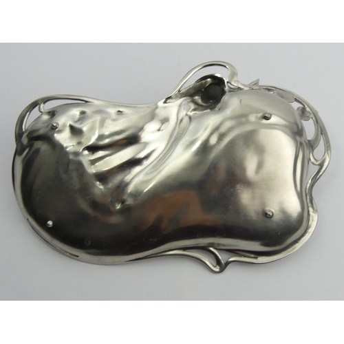 260 - An Art Nouveau design silver plated figural tray with faint marks. 33 x 19 11.5 cm. UK Postage £12.