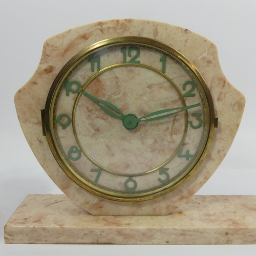 263 - Art Deco marble figural clock and garniture. Clock 40 x 21 cm. UK Postage £20.