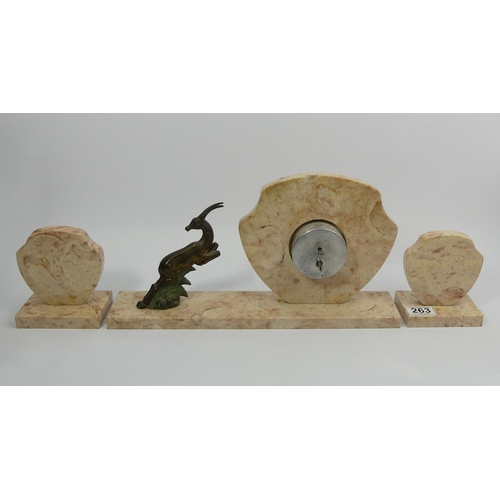 263 - Art Deco marble figural clock and garniture. Clock 40 x 21 cm. UK Postage £20.