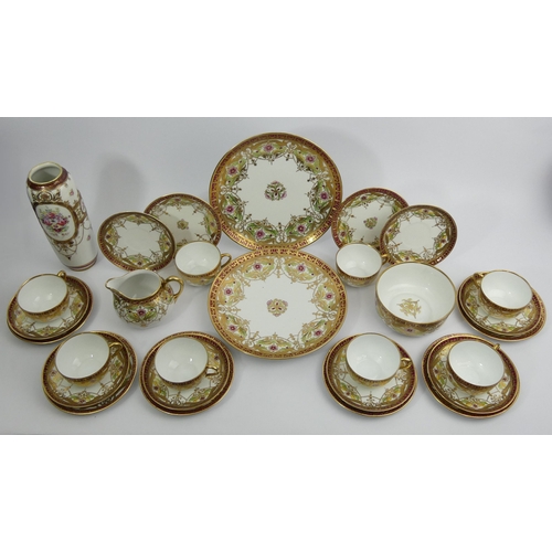 278 - Noritake hand painted and gilded 28 piece tea set and a similar vase, circa 1910. Collection only.