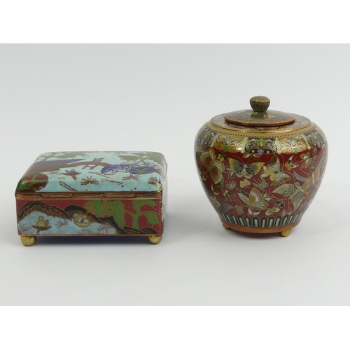 286 - An early 1900's Japanese cloisonne vase and cover along with a cloisonne hinged trinket box. Vase 8.... 