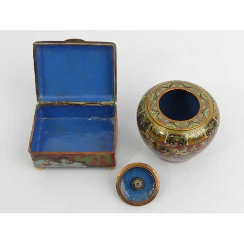 286 - An early 1900's Japanese cloisonne vase and cover along with a cloisonne hinged trinket box. Vase 8.... 