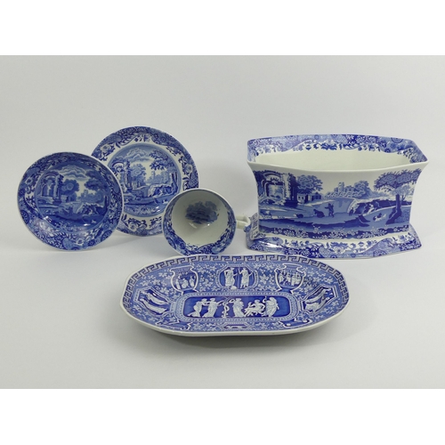 312 - A box of blue and white pottery including Spode along with Portmeirion Botanic garden items. UK Post... 