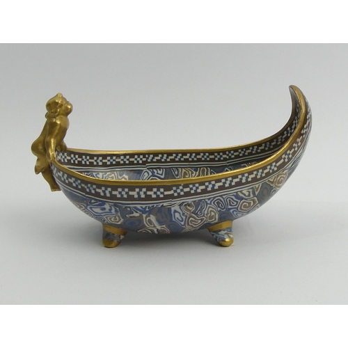 325 - Doulton Rix's patent Marqueterie art pottery boat form bowl. 18 x 10 cm. UK Postage £12.