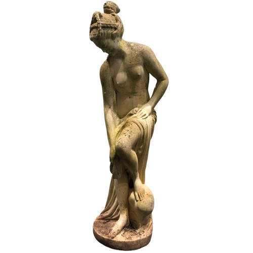 393 - A large garden concrete statue of a maiden bathing. 107 cm. Postage not available.