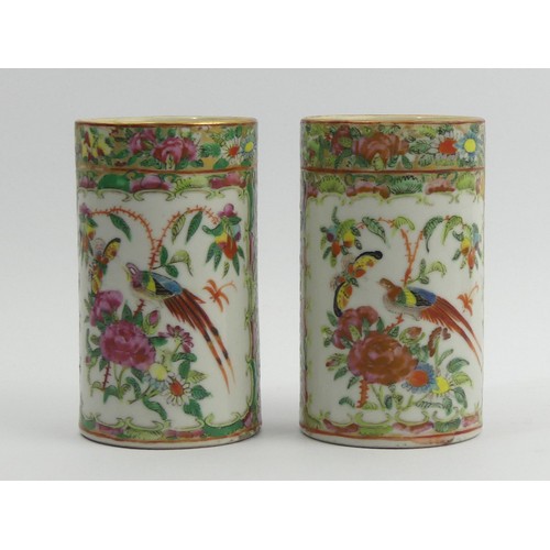 283 - A pair of Chinese Canton porcelain famille rose palette brush pots, 19th century. 11 x 6.5 cm. UK Po... 