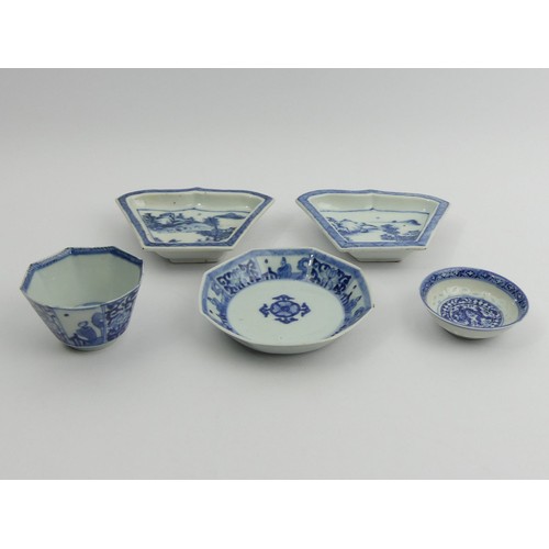 284 - Four Chinese blue and white porcelain dishes and a tea bowl. Tea bowl 4.5 cm high. UK Postage £14.