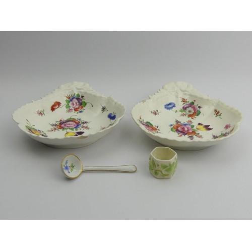 338 - Two Victorian hand painted floral porcelain shell form dishes, a Meissen sauce ladle and a Belleek n... 