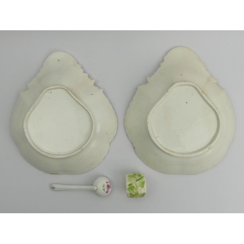 338 - Two Victorian hand painted floral porcelain shell form dishes, a Meissen sauce ladle and a Belleek n... 