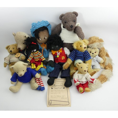 352 - A box of soft toys including a Ragamuffin Katz, a Deans limited edition cardigan bear and a merrytho... 