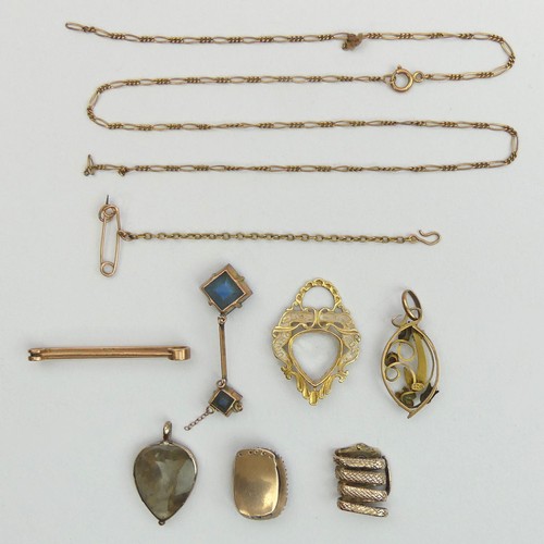 139 - A box of various items of gold jewellery, Edwardian and earlier, including a 9ct gold stone set pend... 