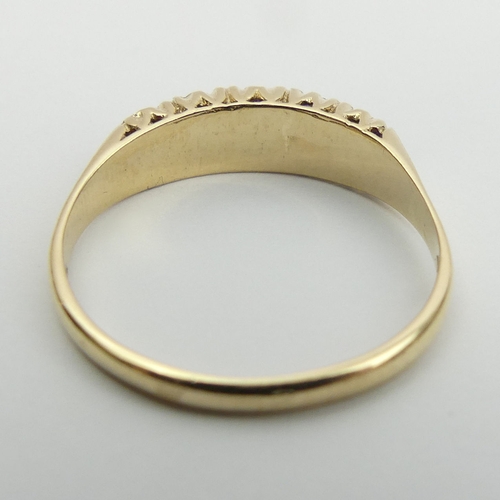 12 - 9ct gold amethyst five stone ring, 2.4 grams. Size U, 5.2 mm wide. UK Postage £12.