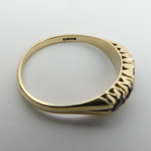 12 - 9ct gold amethyst five stone ring, 2.4 grams. Size U, 5.2 mm wide. UK Postage £12.