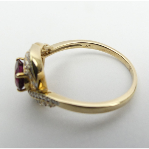 15 - 9ct gold rhodolite and white zircon ring, 3 grams. Size S. UK Postage £12.