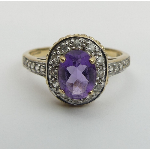 17 - 9ct gold amethyst and white spinel ring, 2.6 grams. Size P, 12.2 mm. UK Postage £12.