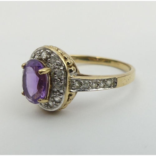 17 - 9ct gold amethyst and white spinel ring, 2.6 grams. Size P, 12.2 mm. UK Postage £12.