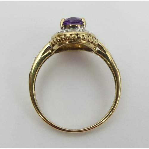 17 - 9ct gold amethyst and white spinel ring, 2.6 grams. Size P, 12.2 mm. UK Postage £12.