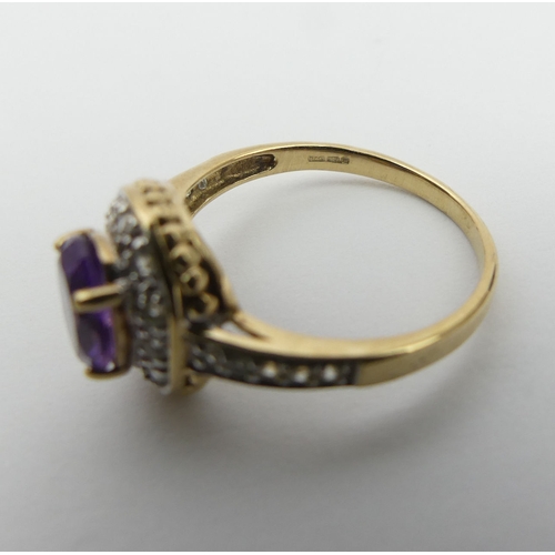 17 - 9ct gold amethyst and white spinel ring, 2.6 grams. Size P, 12.2 mm. UK Postage £12.