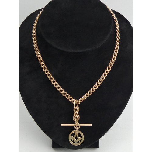 20A - 9ct rose gold double-clip curb link pocket watch Albert chain, with a Masonic fob, 
Birm. 1919, 52.4... 