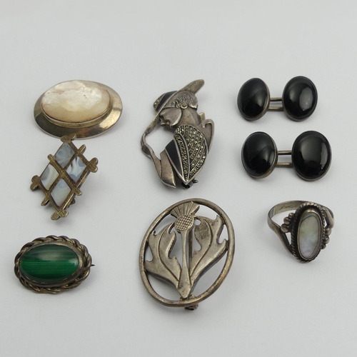 22 - Silver and marcasite Art Deco design brooch, Scottish silver hardstone brooch and other items of sil... 