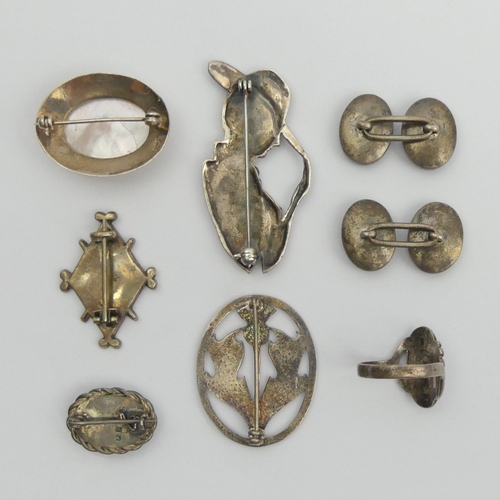 22 - Silver and marcasite Art Deco design brooch, Scottish silver hardstone brooch and other items of sil... 