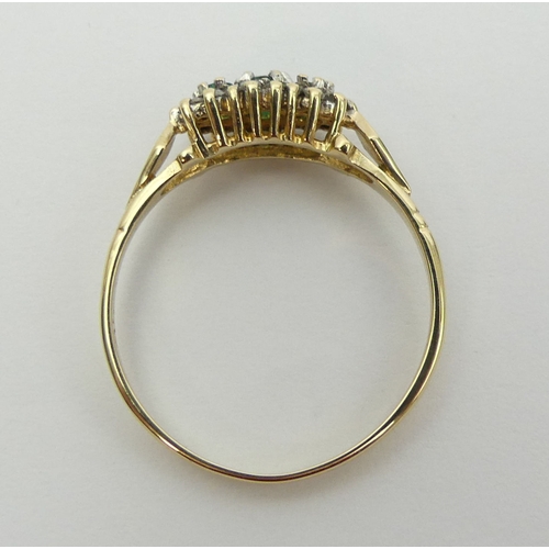 23 - 9ct gold emerald and diamond ring, 1.4 grams. Size P, 6.4 mm wide. UK Postage £12.