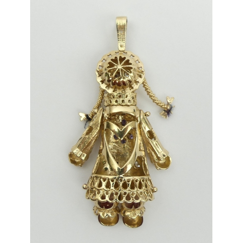 4 - 9ct gold stone set articulated rag doll pendant, 30 grams. 76 mm long. UK Postage £12.