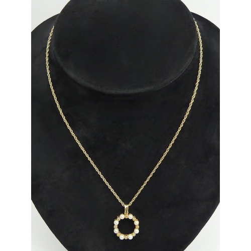 5 - 9ct gold cultured pearl and white sapphire pendant and chain, 5.8 grams. Chain 47 cm, pendant 22 mm ... 