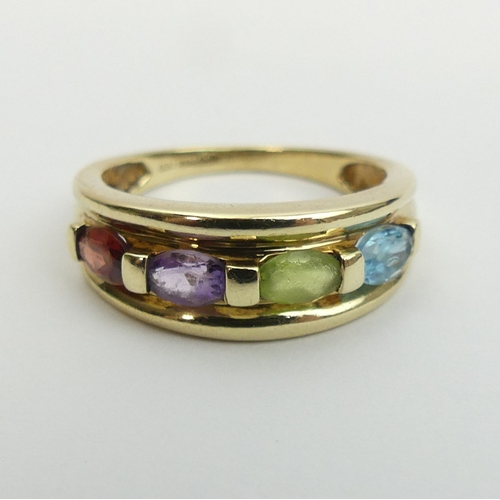 7 - 9ct gold peridot, topaz, amethyst and garnet ring. Size M 1/2, 7.2 mm wide. UK Postage £12.