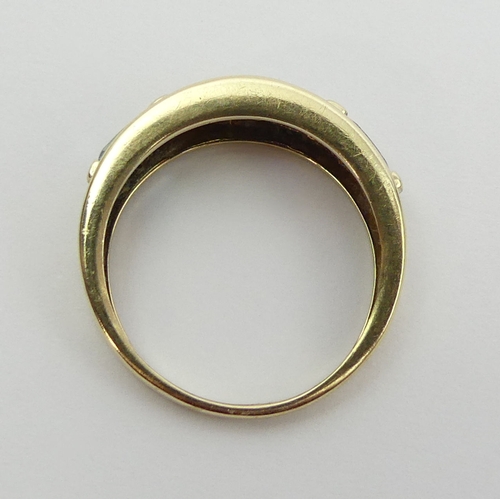 7 - 9ct gold peridot, topaz, amethyst and garnet ring. Size M 1/2, 7.2 mm wide. UK Postage £12.