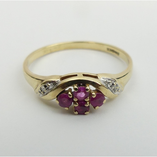 8 - 9ct gold ruby and diamond ring. Size P 1/2, 6 mm. UK Postage £12.