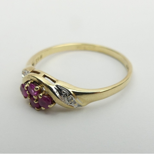 8 - 9ct gold ruby and diamond ring. Size P 1/2, 6 mm. UK Postage £12.