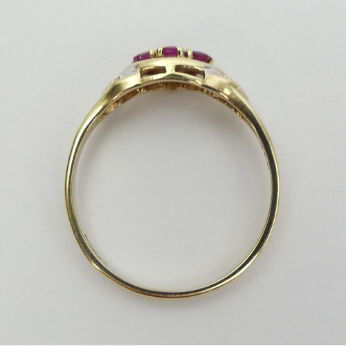 8 - 9ct gold ruby and diamond ring. Size P 1/2, 6 mm. UK Postage £12.