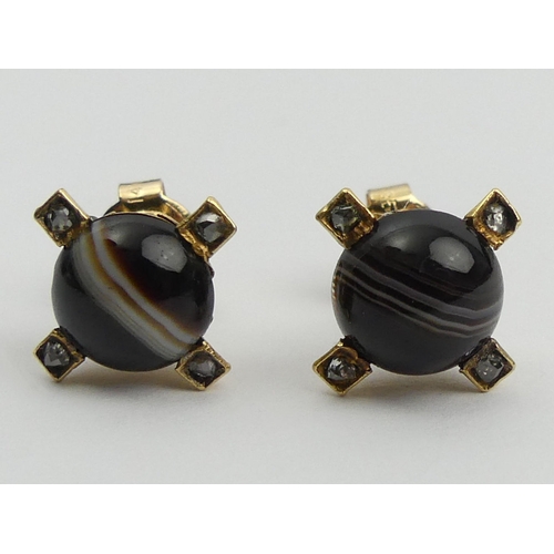 28 - A pair of gold banded agate and diamond earrings, 
2.4 grams, 9mm long.  UK Postage £12.