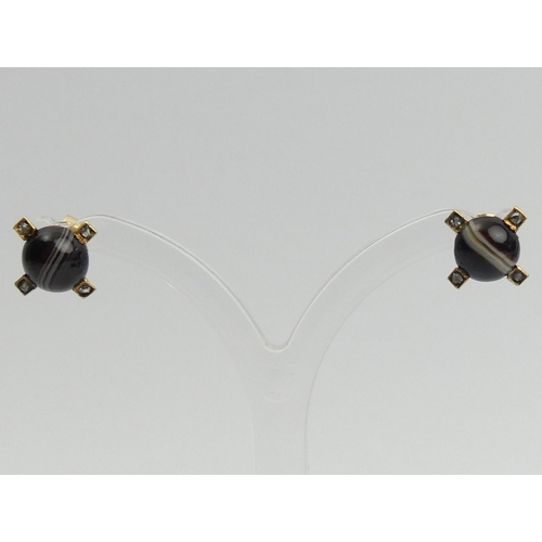28 - A pair of gold banded agate and diamond earrings, 
2.4 grams, 9mm long.  UK Postage £12.